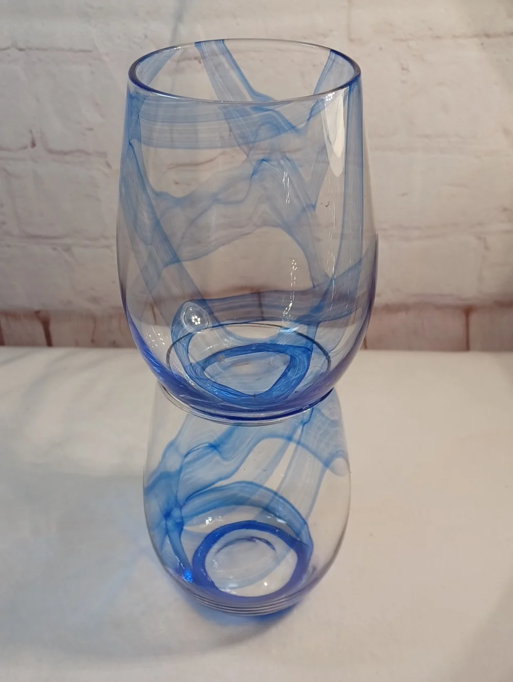 pier 1 imports hand blown blue swirl stemless glasses set of 2 art glass tumbler